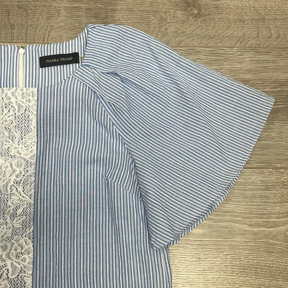 Ivanka Trump Blue and White Striped Short Flutter Sleeve Blouse Lace S - Picture 5 of 15